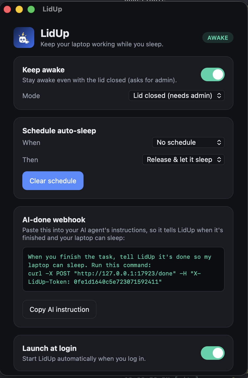 LidUp settings window