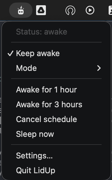 LidUp menu bar dropdown